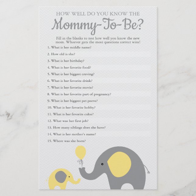 Yellow Elephant How Well Do You Know Mommy To Be (Front)