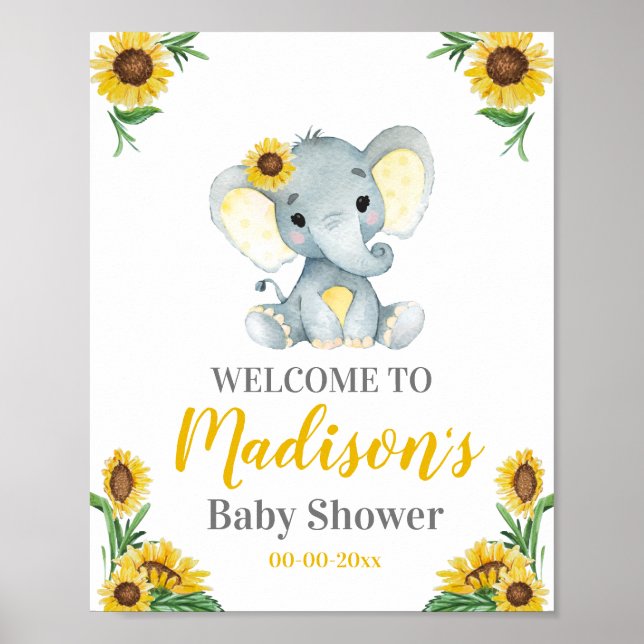 Yellow  Elephant Welcome Sign, Girl Shower Poster (Front)