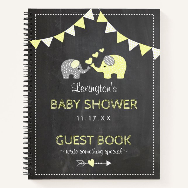 Yellow Elephants Baby Shower Chalk Guest Book | (Front)