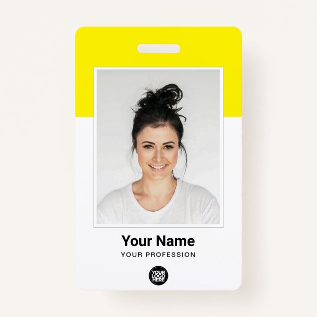 Yellow Employee huge Photo Qr Bar Code Logo Name Badge (Front)