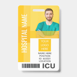 Yellow Employee Photo, Bar Code, Logo ICU ID Badge