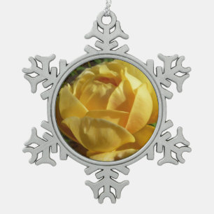 Yellow English Rose Snowflake Pewter Christmas Ornament