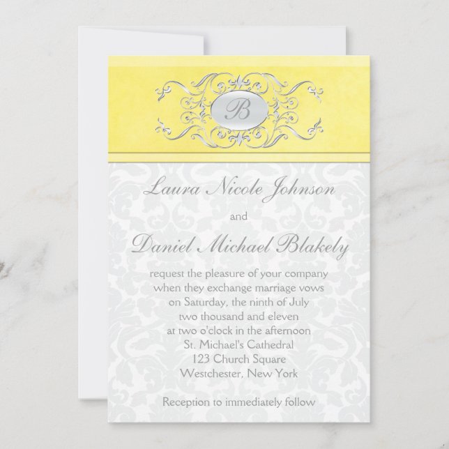 Yellow et gris Damask Monogramme Invitation (Devant)