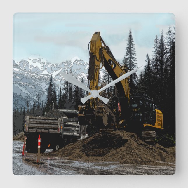 Yellow Excavator and Mountains Wall Clock (Front)