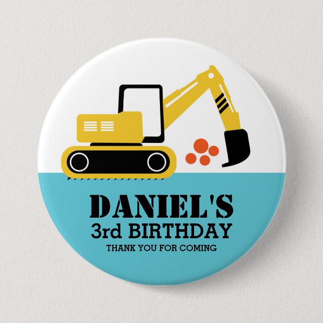 Yellow Excavator Kids Construction Party Button (Front)