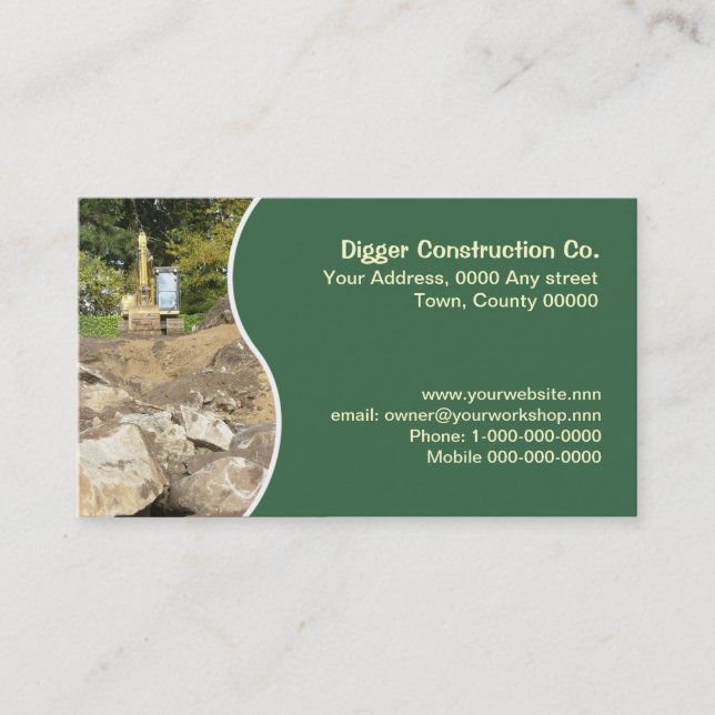 Yellow excavator with green panel business card (Front)