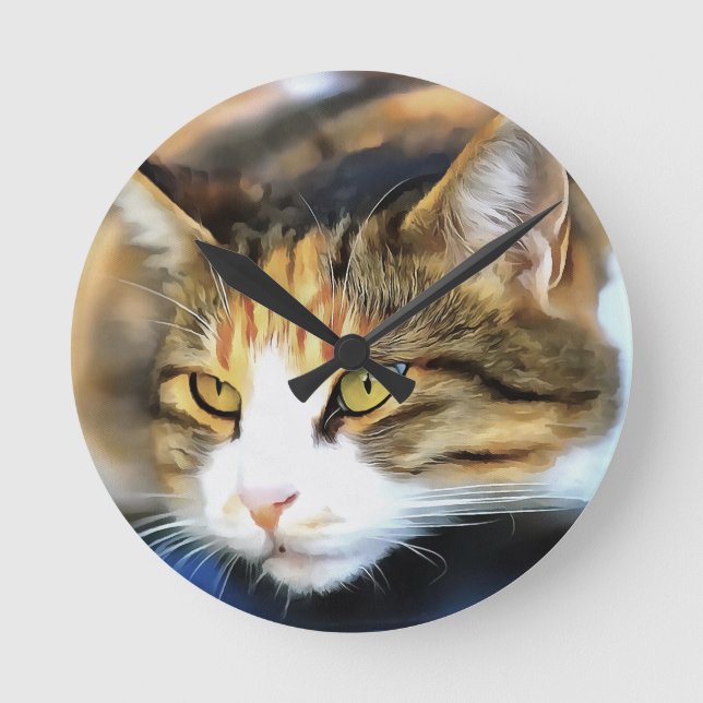 Yellow Eyed Calico Cat Realistic Pet Portrait Round Clock (Front)