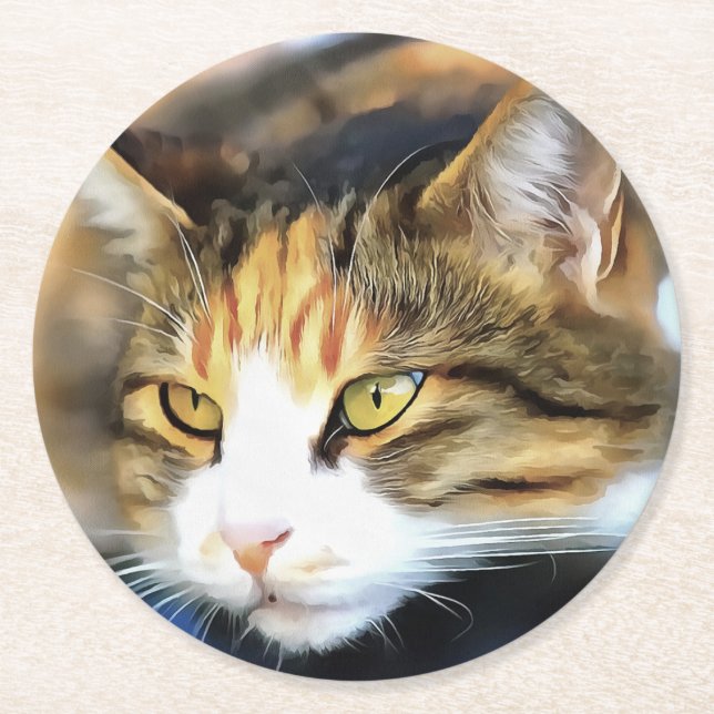 Yellow Eyed Calico Cat Realistic Pet Portrait Round Paper Coaster (Front)