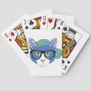 YELLOW-EYED CAT IN BLACK GLASSES AND GREEN CAP PLAYING CARDS