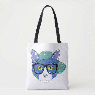 YELLOW-EYED CAT IN BLACK GLASSES AND GREEN CAP TOTE BAG
