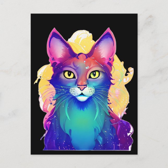 Yellow Eyed Colourful Cat Postcard (Front)