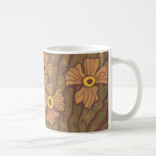 Yellow-eyed flowers, floral art,olive green brown coffee mug
