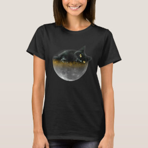 Yellow Eyes Black Cat Sleeping On Big Moon Galaxy T-Shirt