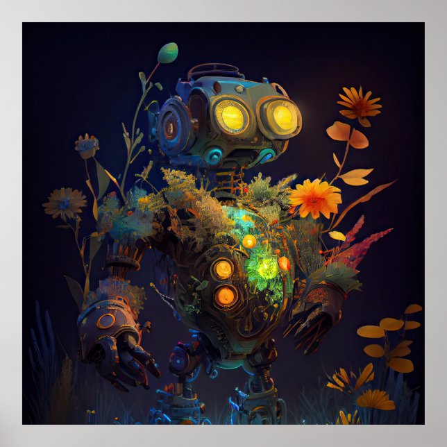 Yellow Eyes Tropical Flowers Robot Poster (Front)