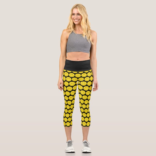 Yellow Face Black Grinning Smile Capri Leggings (Front)