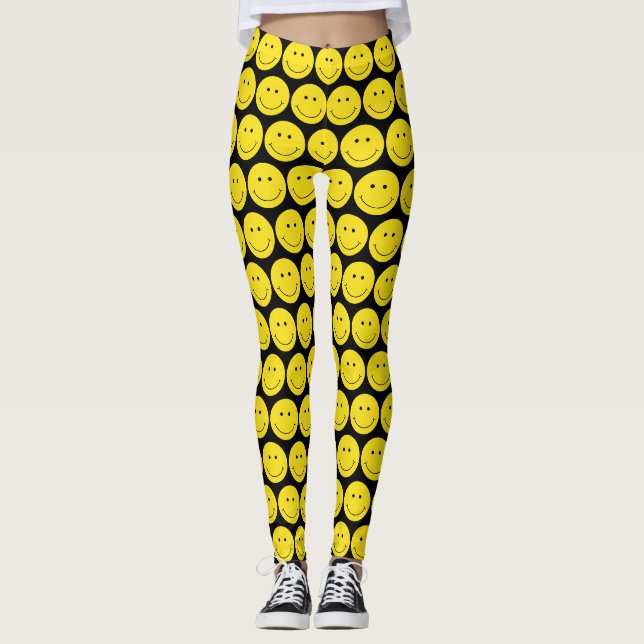 Yellow Face Grinning Smile Leggings (Front)