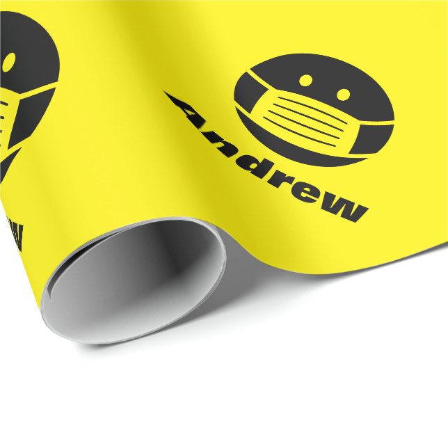 Yellow face mask smily emoji icon personalized wrapping paper (Roll Corner)