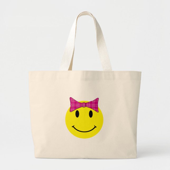 Yellow Face Pink Bow Large Tote Bag (Front)