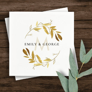 YELLOW FALL GOLD FOLIAGE WREATH MONOGRAM WEDDING NAPKIN