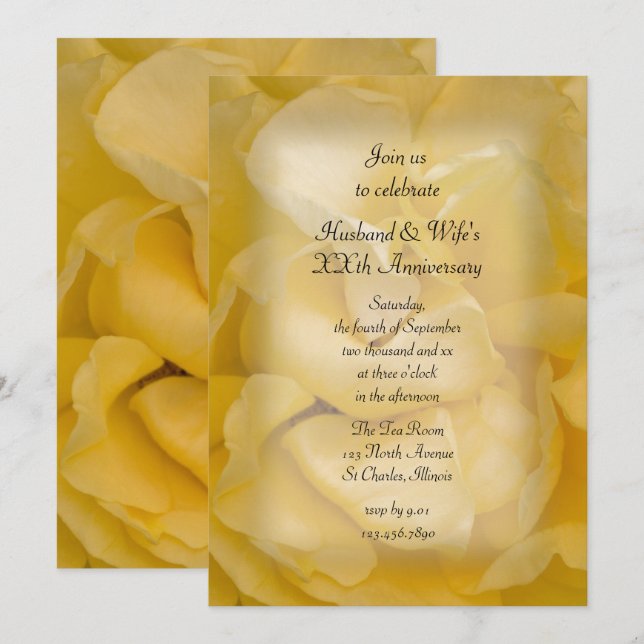 Yellow Fancy Rose Wedding Anniversary Party Invitation (Front/Back)