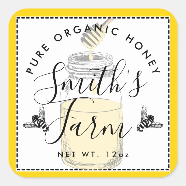 Yellow Farm shop honey jar label small business (Front)