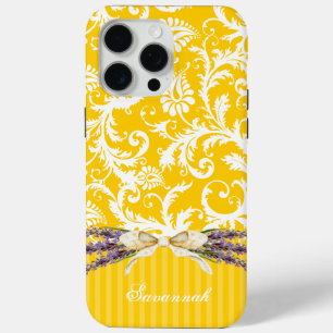 Yellow Faux Rhinstone Personalized Damask iPhone iPhone 15 Pro Max Case