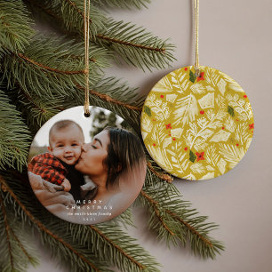 Yellow Festive Botanical Photo Ceramic Ornament
