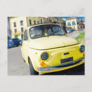 Yellow Fiat 500, vintage Cinquecento in Italy Postcard