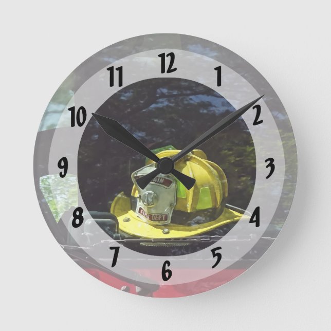 Yellow Fire Captain's Helmet Round Clock (Front)
