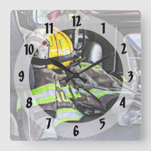 Yellow Fire Helmet In Fire Truck Square Wall Clock