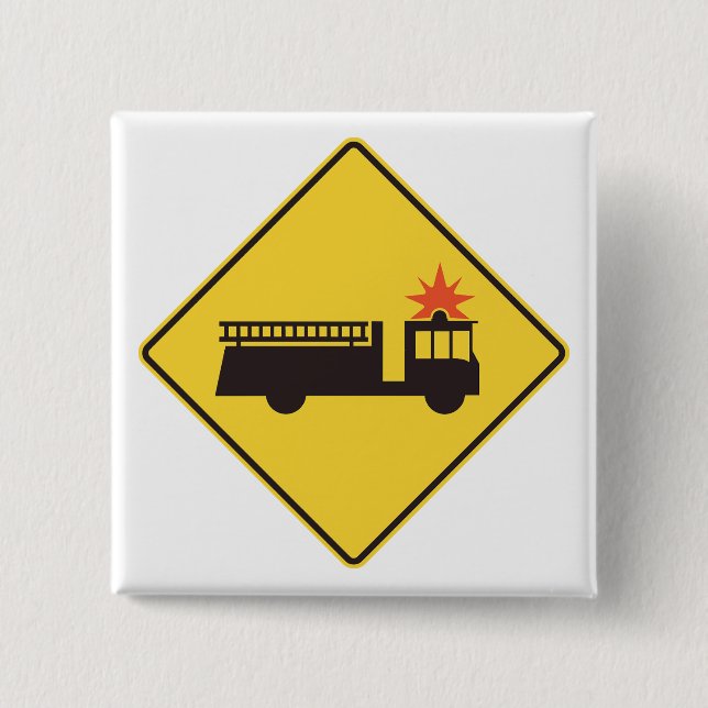 Yellow Fire Truck Warning Sign 2 Inch Square Button (Front)