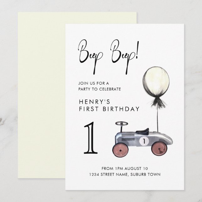 Yellow First Birthday Vintage Race Car Invitation (Front/Back)