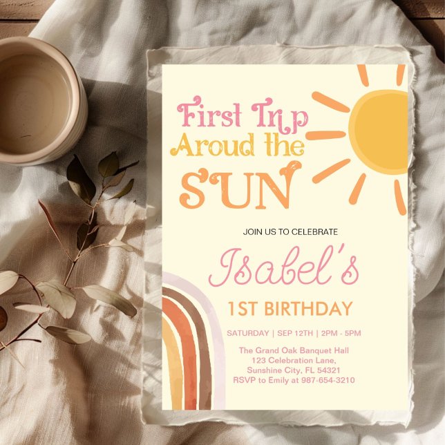 Yellow First Trip Around the Sun Boho Retro 1st Invitation (Creator Uploaded)