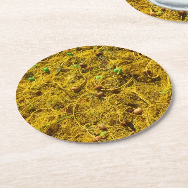 Yellow Fishing Nets and Floats Nautical Round Paper Coaster (Angled)