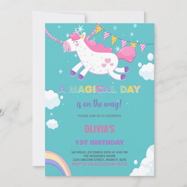 Yellow Flags Unicorn Birthday Invitations (Front)
