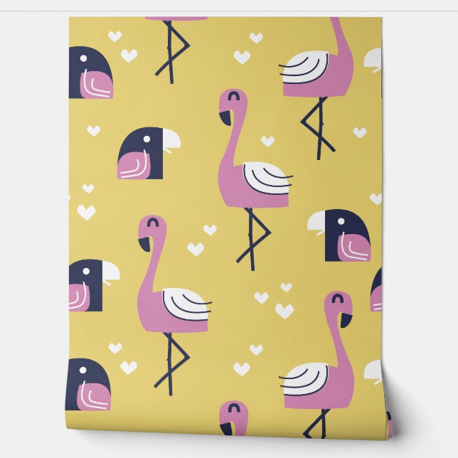 Yellow Flamingo Safari Animals Nursery Wallpaper (Unrolling)