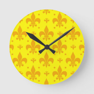 Yellow Fleur-de-lis Pattern Design Round Clock