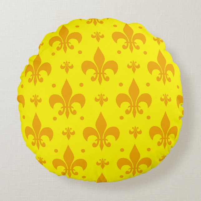 Yellow Fleur-de-lis Pattern Design  Round Pillow (Front)