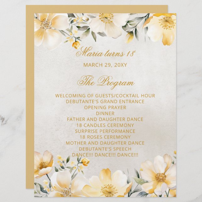 Yellow Floral 18 Candle and Roses Ceremony Program (Front/Back)