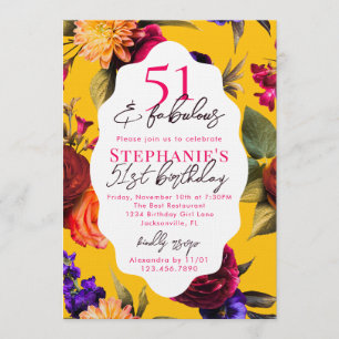 Yellow Floral 51 & Fabulous 51st Birthday Party Invitation