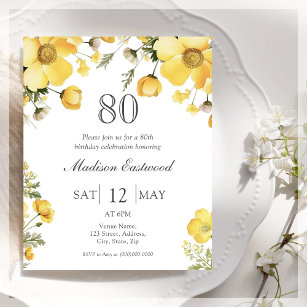 Yellow Floral 80th Birthday Budget Invitation