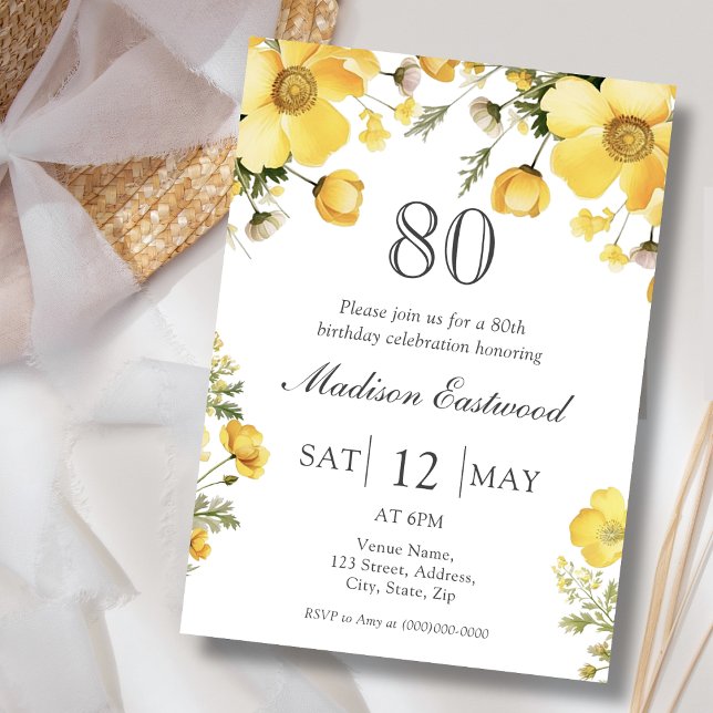 Yellow Floral 80th Birthday Invitation (Creator Uploaded)