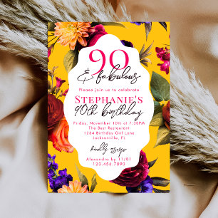 Yellow Floral 90 & Fabulous 90th Birthday Party Invitation