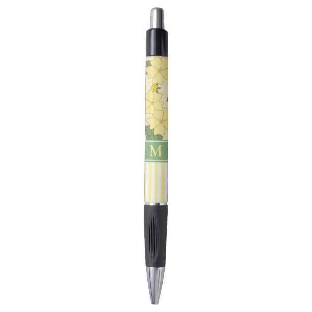 Yellow Floral and Stripes Personalised Pen (Front Vertical)