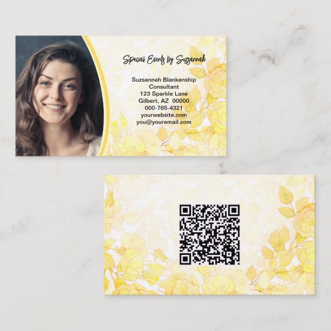 Yellow Floral Art Professional Photo with QR Code Business Card (Front/Back)