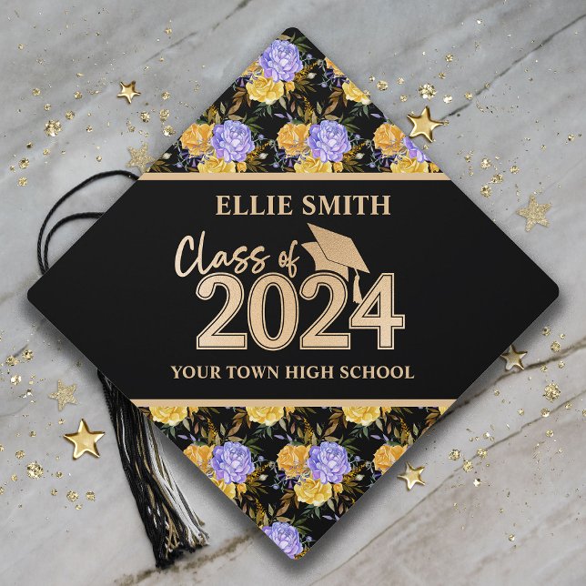 Yellow Floral Black Gold Class 2024 Graduation  Graduation Cap Topper (Purple and yellow floral on black and gold Class of 2024 graduation tassel topper )