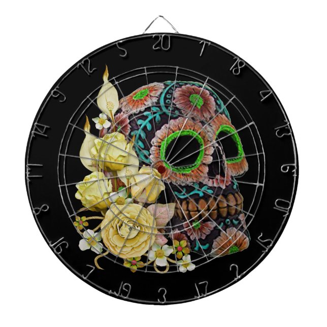 Yellow Floral Black Sugar Skull Day Of The Dead Dartboard (Front)