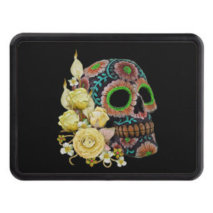 Yellow Floral Black Sugar Skull Day Of The Dead Trailer Hitch Cover