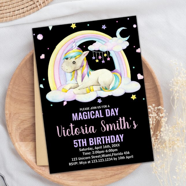 Yellow Floral Black Unicorn Birthday Invitations (Yellow Floral Black Unicorn Birthday Invitations)