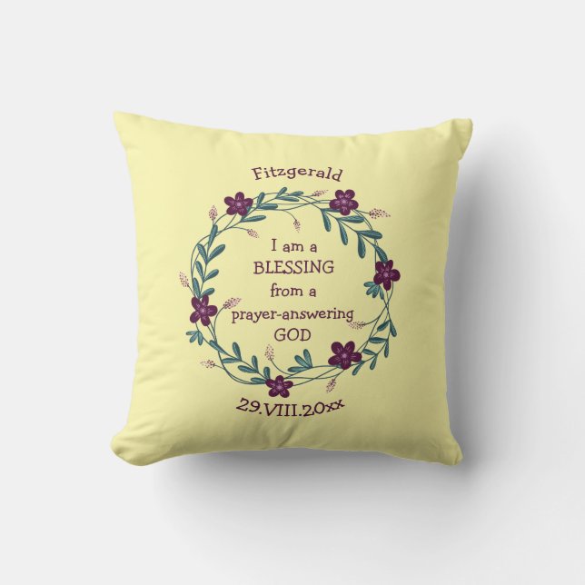 Yellow Floral Blessing Personalized Christian Baby Throw Pillow (Front)